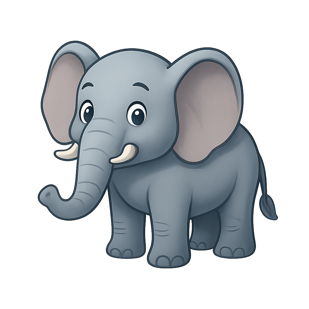 Smiling cartoon elephant standing on transparent background