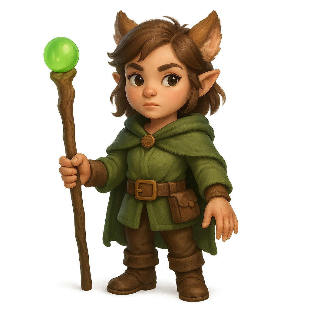 Cute cartoon forest elf with pointed ears holding a wooden staff on transparent background