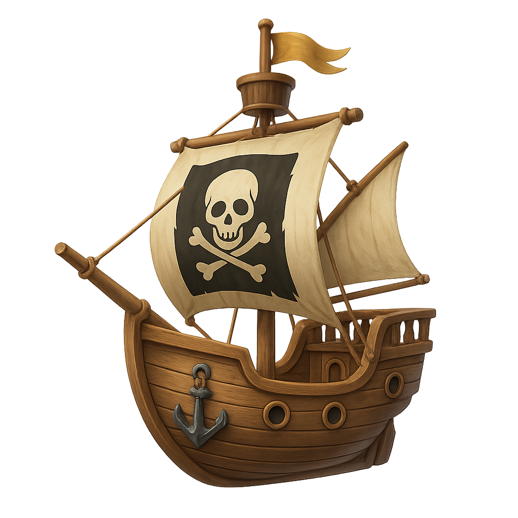 Cute cartoon pirate ship with sails and flag on transparent background