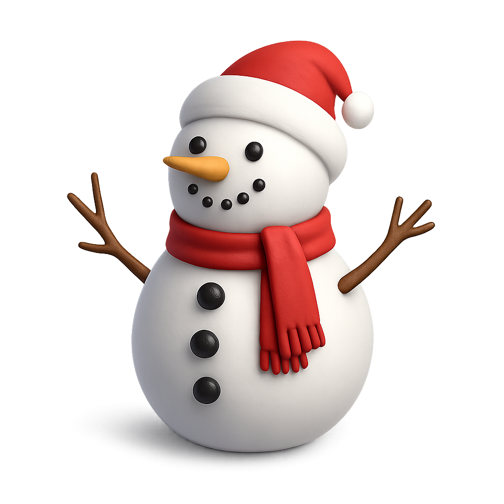 Cartoon-style snowman with scarf and hat on transparent background