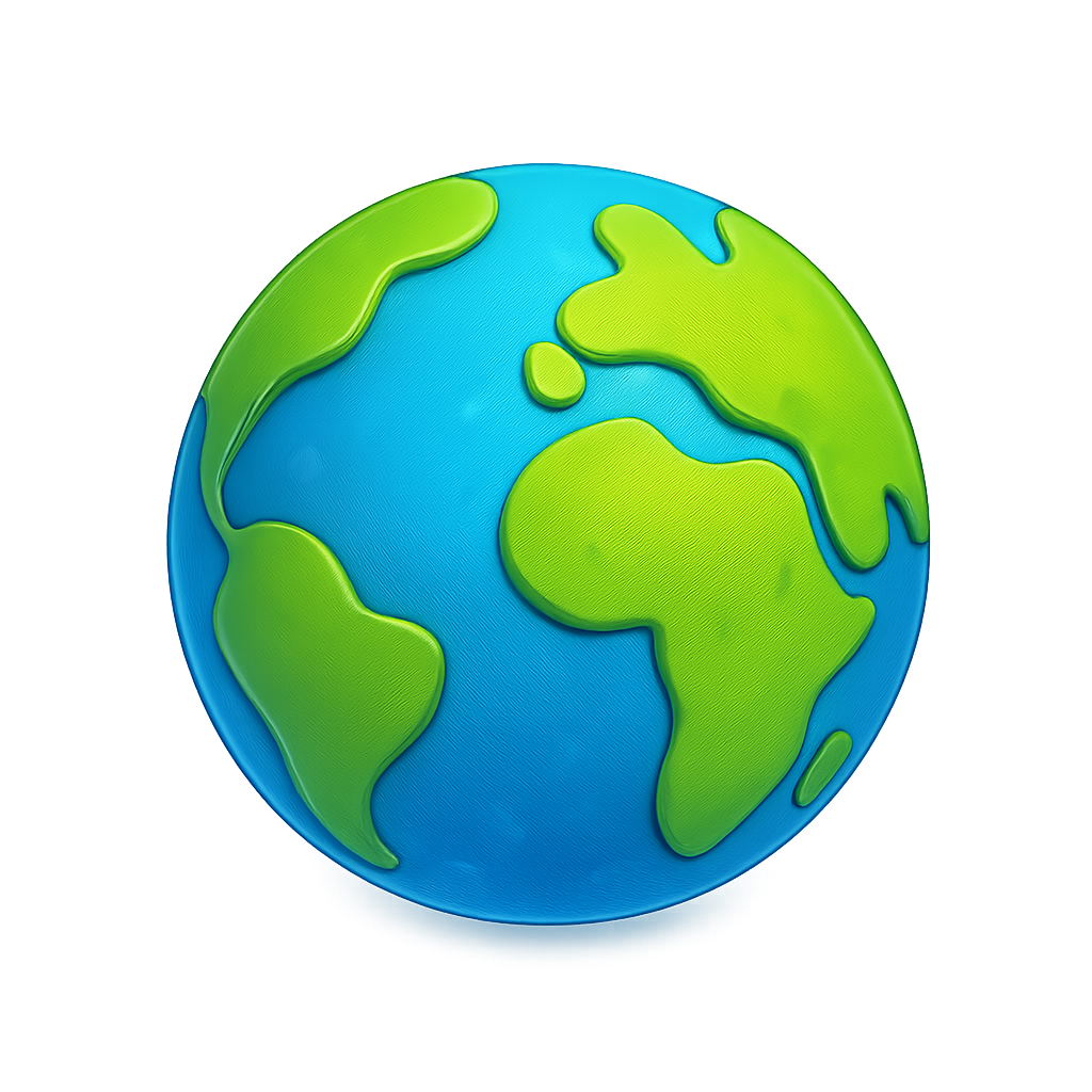 Colorful cartoon globe with simplified continents and smiling expression on transparent background