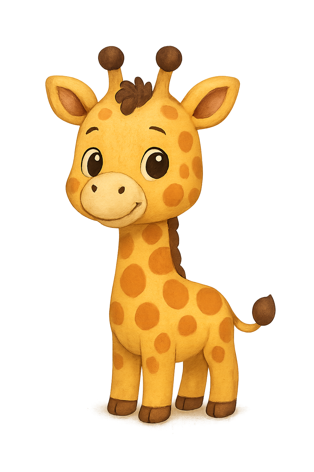 Smiling cartoon giraffe with big eyes and long neck on transparent background