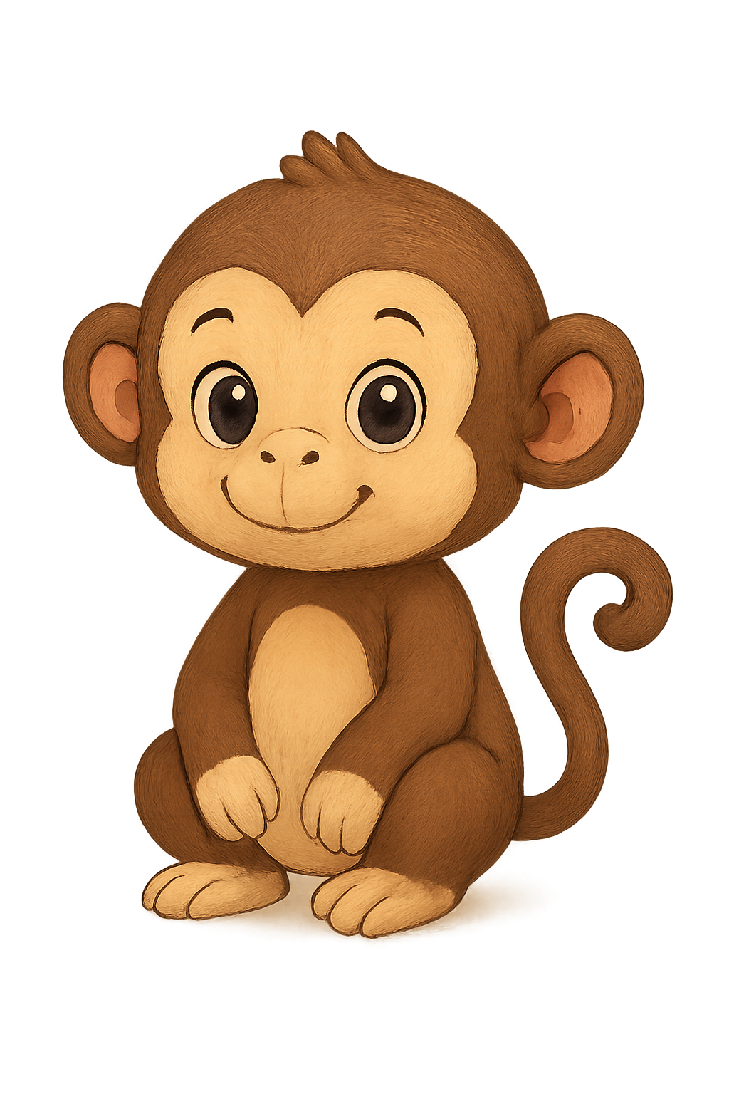 Smiling cartoon monkey hanging or jumping with expressive eyes on transparent background