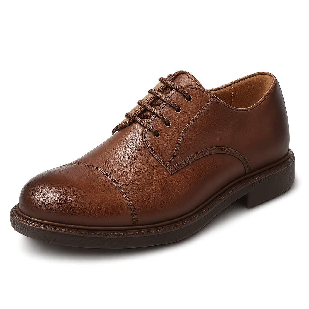 Pair of classic brown leather loafers with stitching details on transparent background