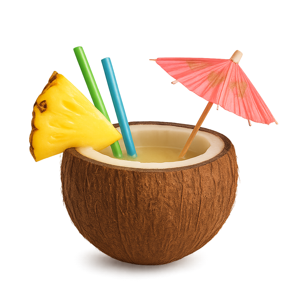 Tropical cocktail served in a coconut shell on transparent background