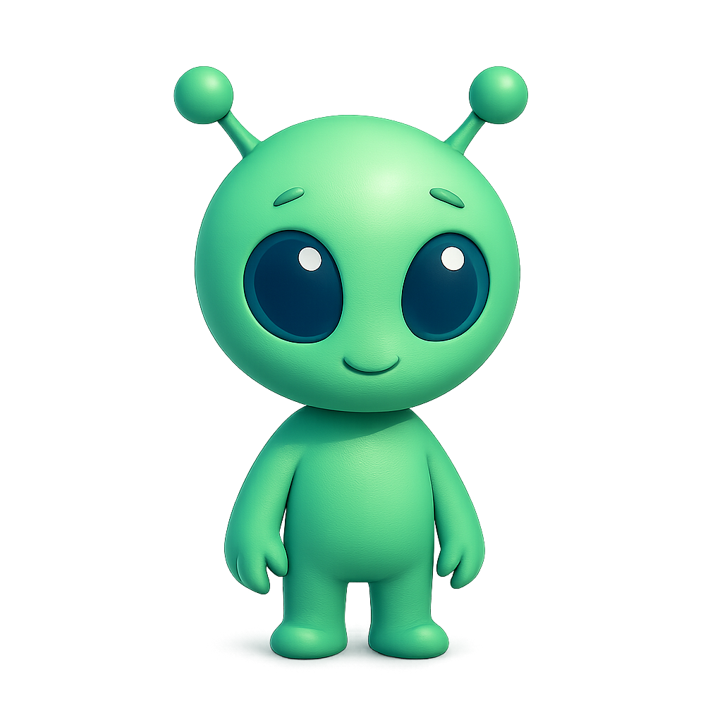 Cute cartoon alien with big eyes, antennae, and smiling face on transparent background