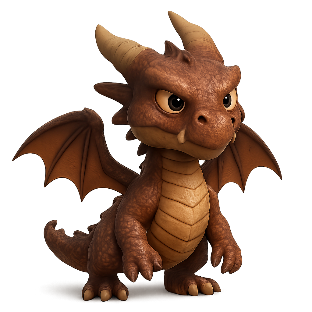 Cute cartoon dragon with big eyes, small wings, and smiling face on transparent background