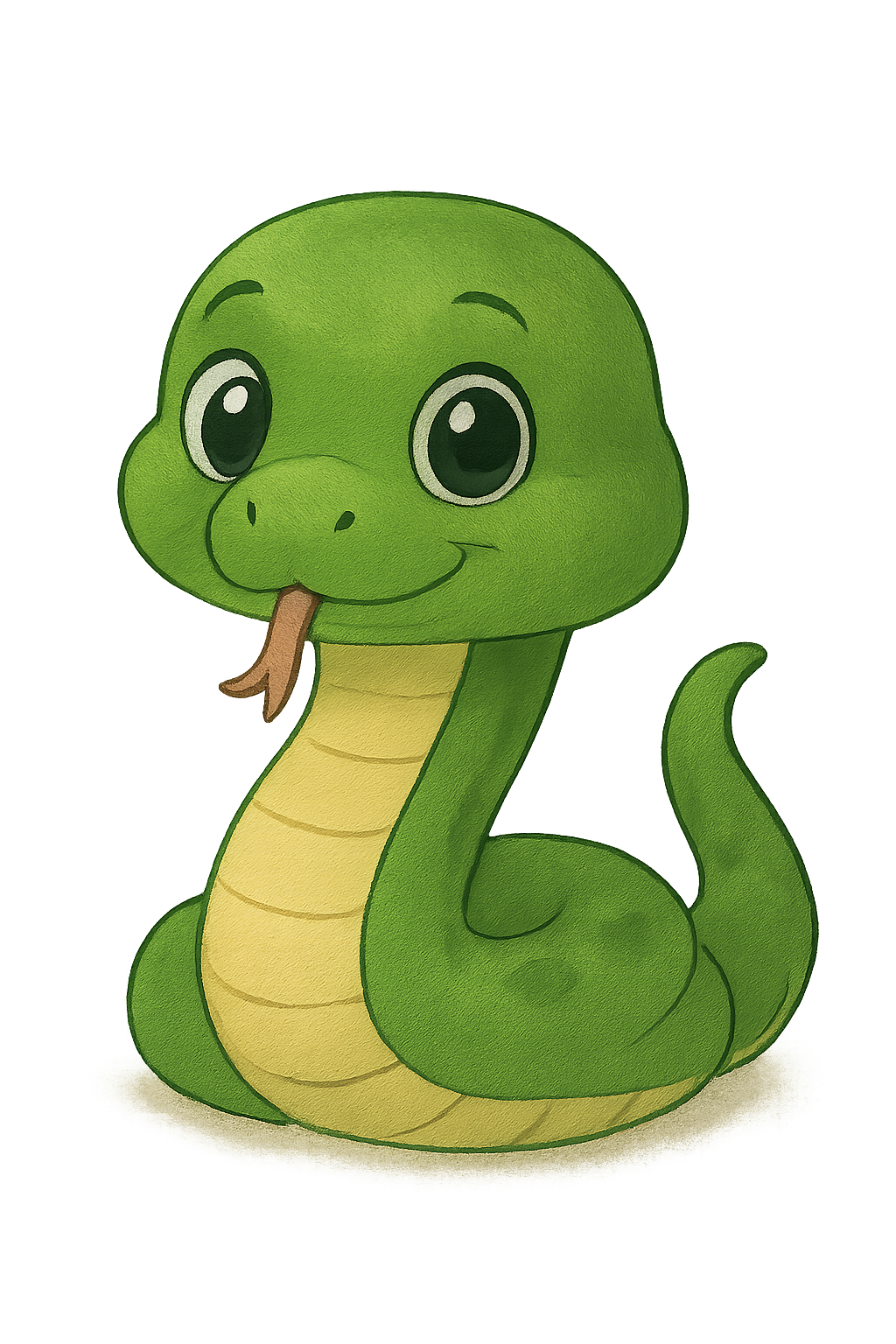 Serpiente verde caricaturesca y adorable PNG — personaje amistoso para niños, juegos y educación Serpiente verde caricaturesca con ojos grandes sobre fondo transparente