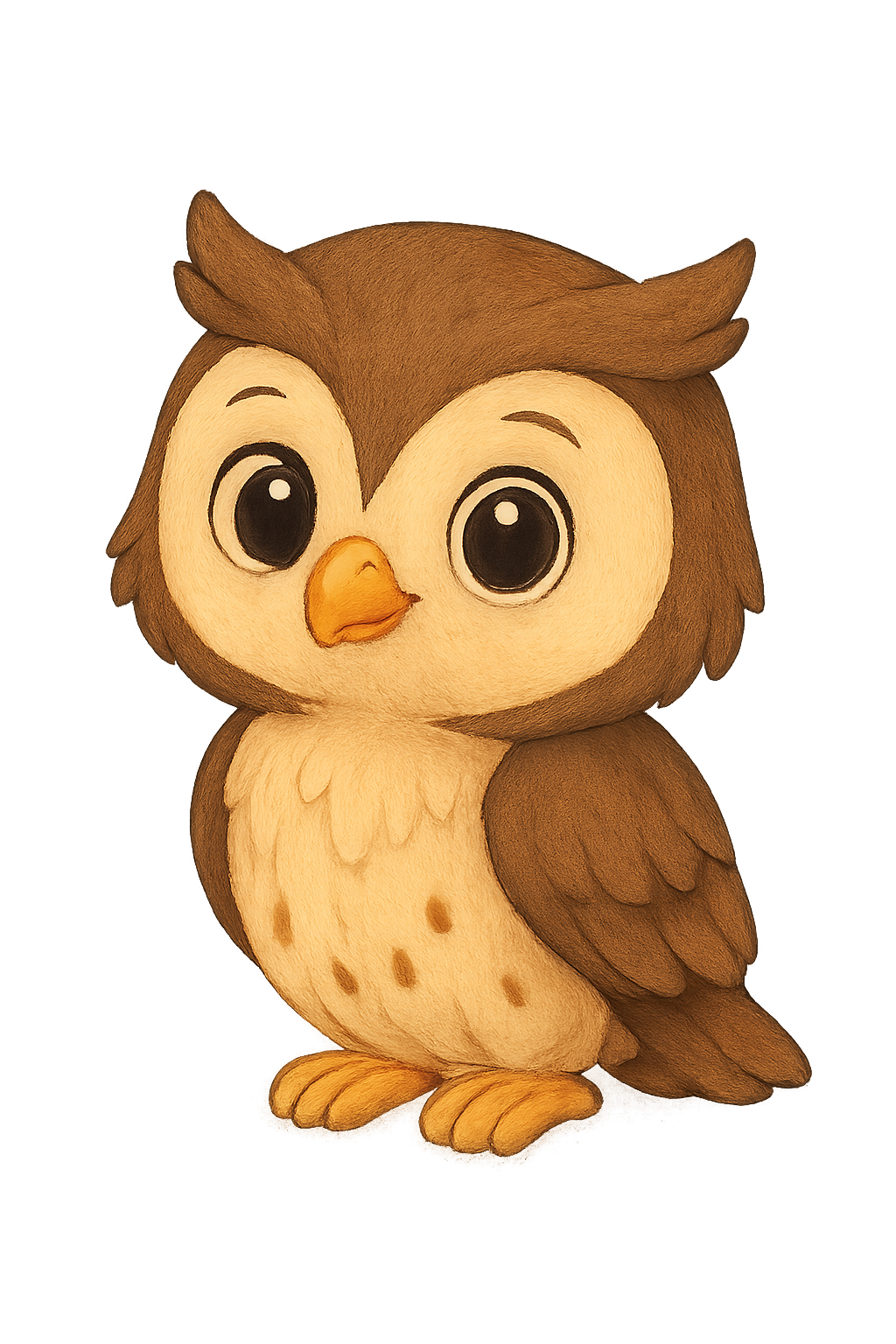 Cute cartoon owl with big eyes and fluffy feathers on transparent background