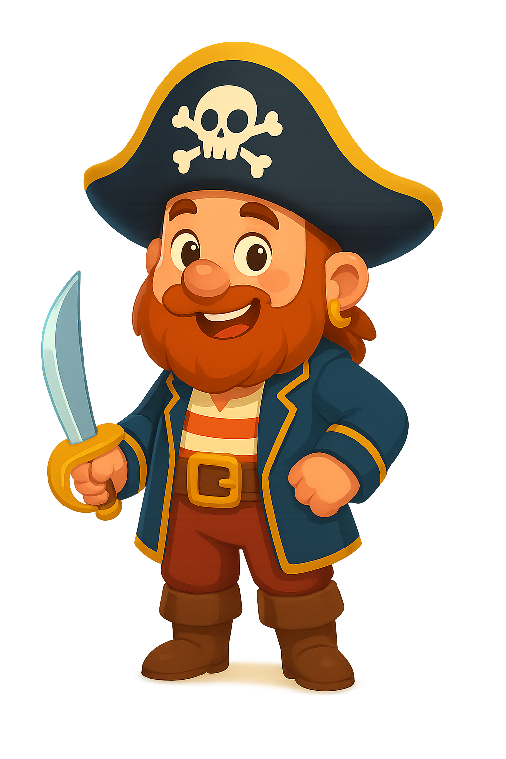 Cute cartoon pirate wearing a pirate hat and eye patch smiling on transparent background