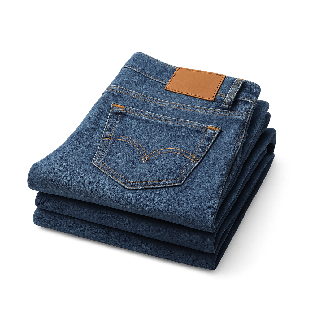 Sepasang celana jeans biru terlipat rapi di latar belakang transparan