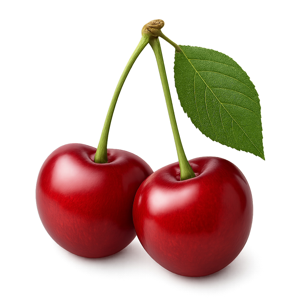 Fresh ripe red cherries with green stems isolated on transparent background