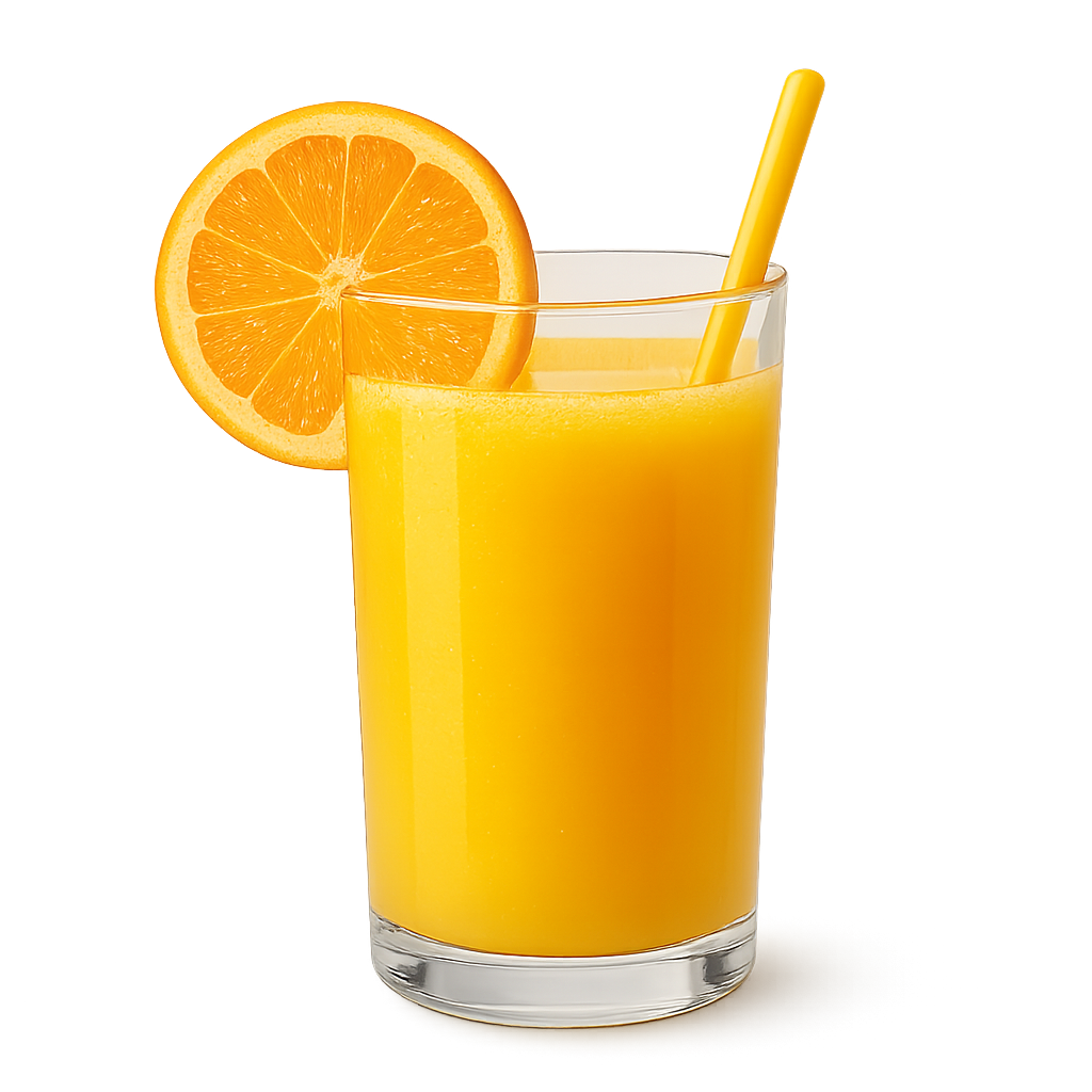 Fresh orange juice in clear glass cup isolated on transparent background