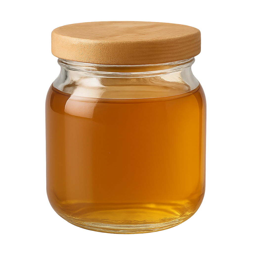 Pote de vidro cheio de mel dourado com tampa de madeira em fundo transparente