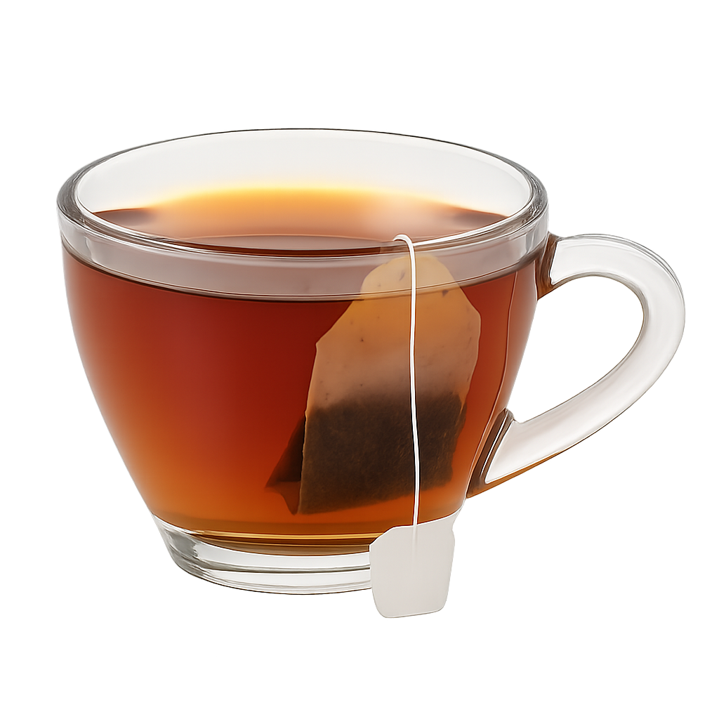 Glass teacup with visible teabag inside on a transparent background