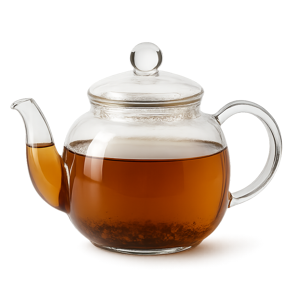 Glass teapot with hot brewed tea isolated on transparent background