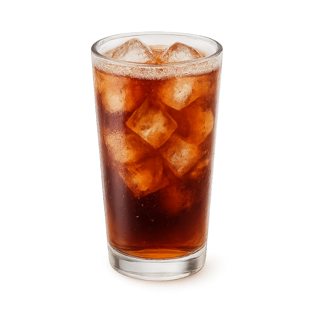 Gelas berisi cola dan es batu di latar belakang transparan