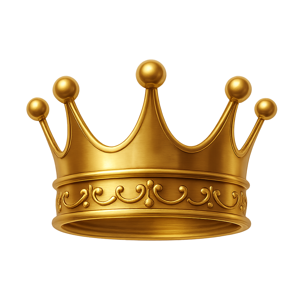 Golden royal crown decorated with red and green jewels on transparent background