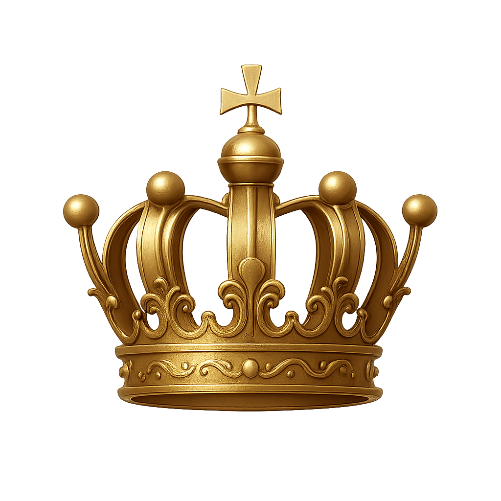 Gold ceremonial crown with smooth finish and minimal jewels on transparent background