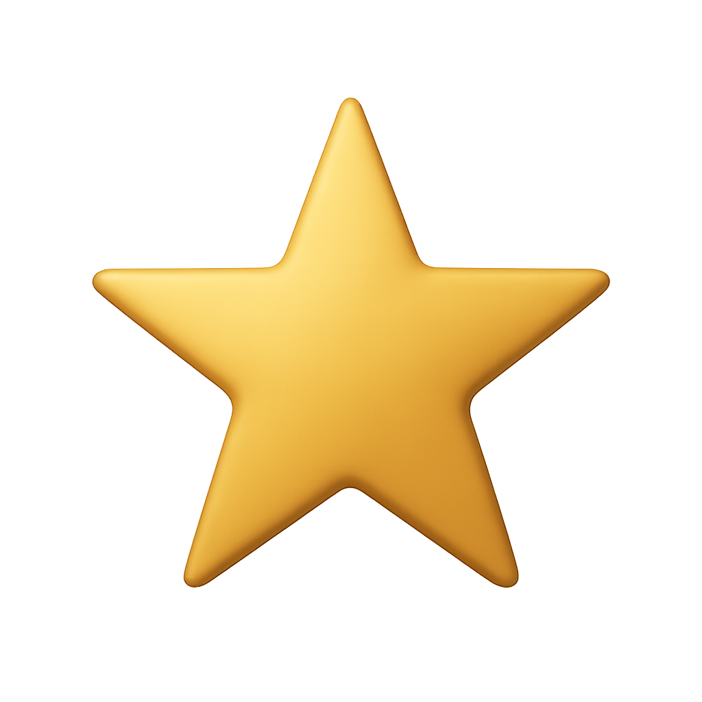 Glossy gold five-pointed star icon on transparent background