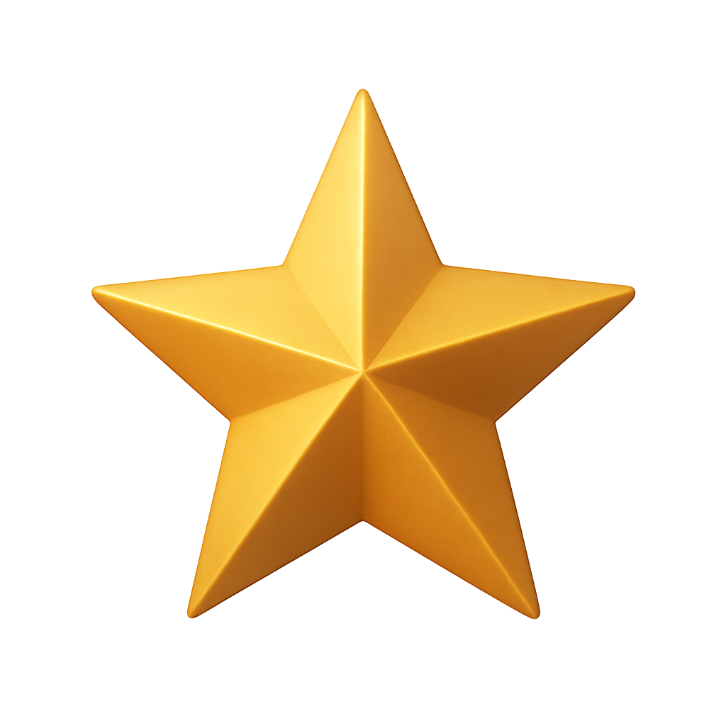 Glossy gold star icon with shine on transparent background