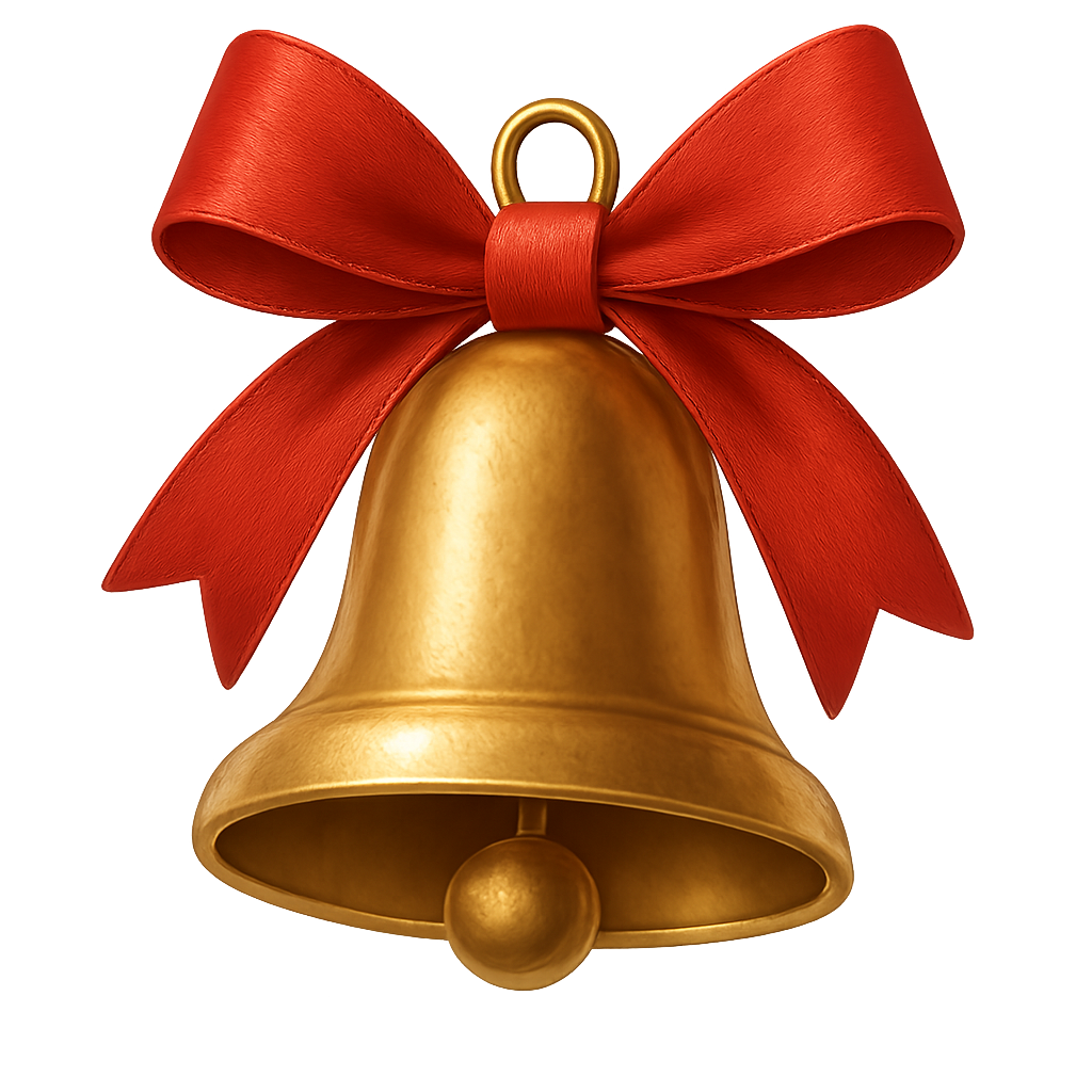 Golden Christmas bell with a red ribbon on a transparent background