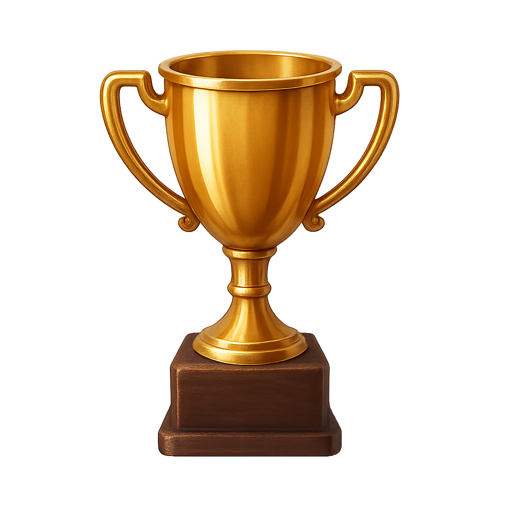 Copa trofeo dorada brillante sobre base de madera con fondo transparente