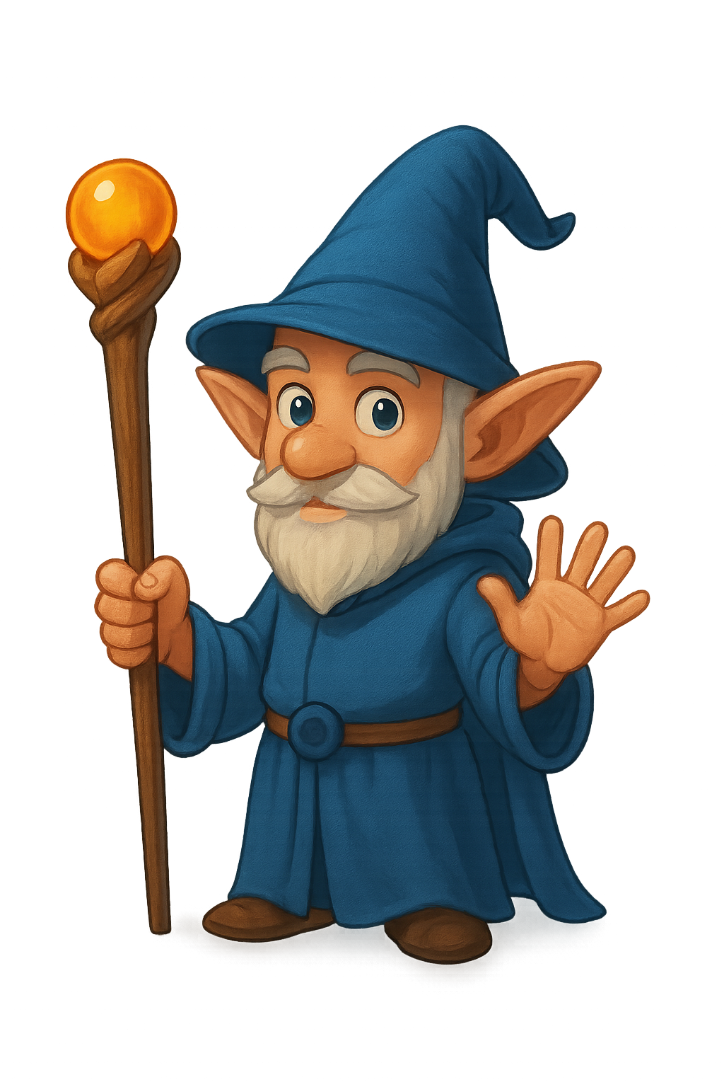 Abuelo elfo mago con bastón PNG — personaje encantado para UI fantástica y diseño de videojuegos Elfo mago anciano con bastón y túnica fantástica sobre fondo transparente