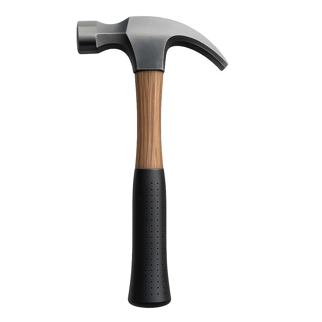 Realistic steel hammer with wooden handle on transparent background