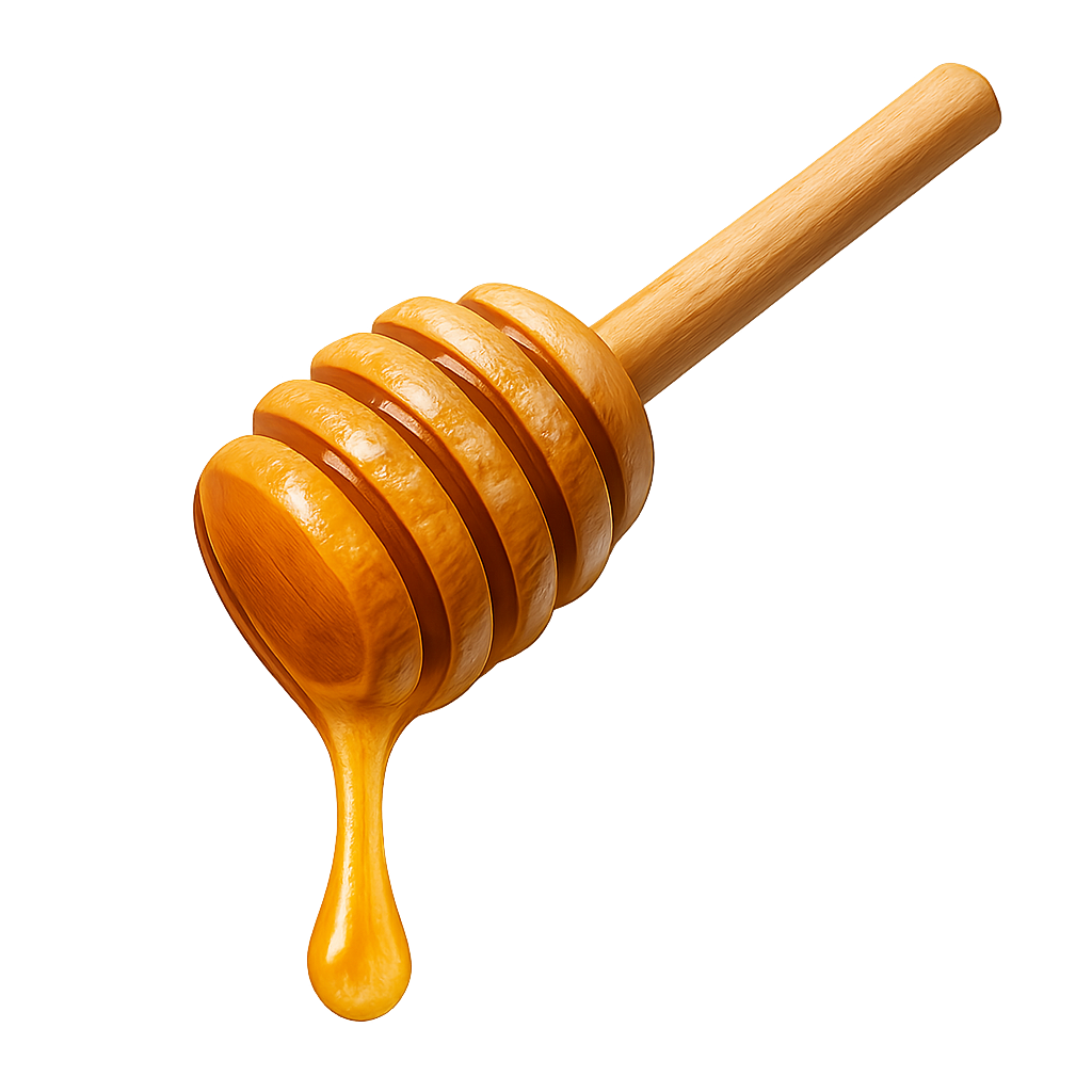 Honey dipper with golden honey dripping on transparent background