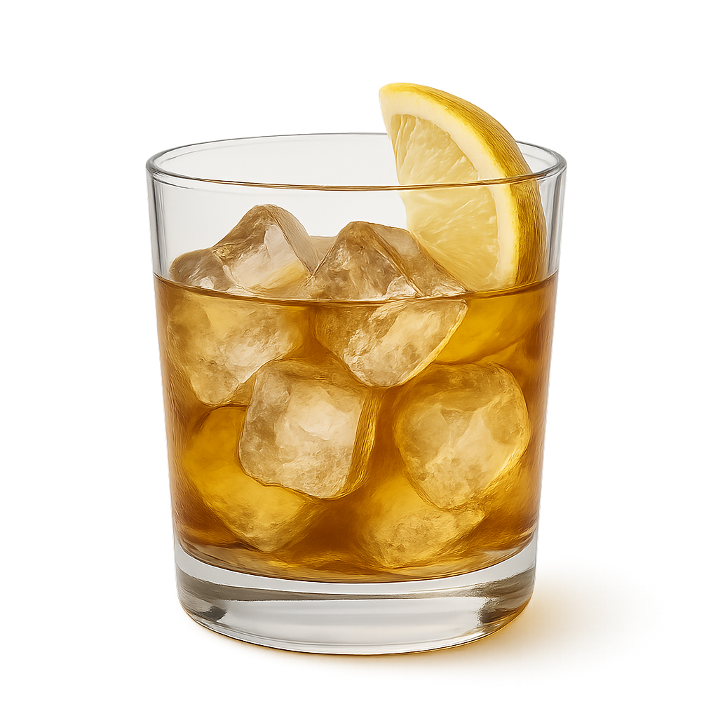 Chilled lemon drink with ice cubes on transparent background