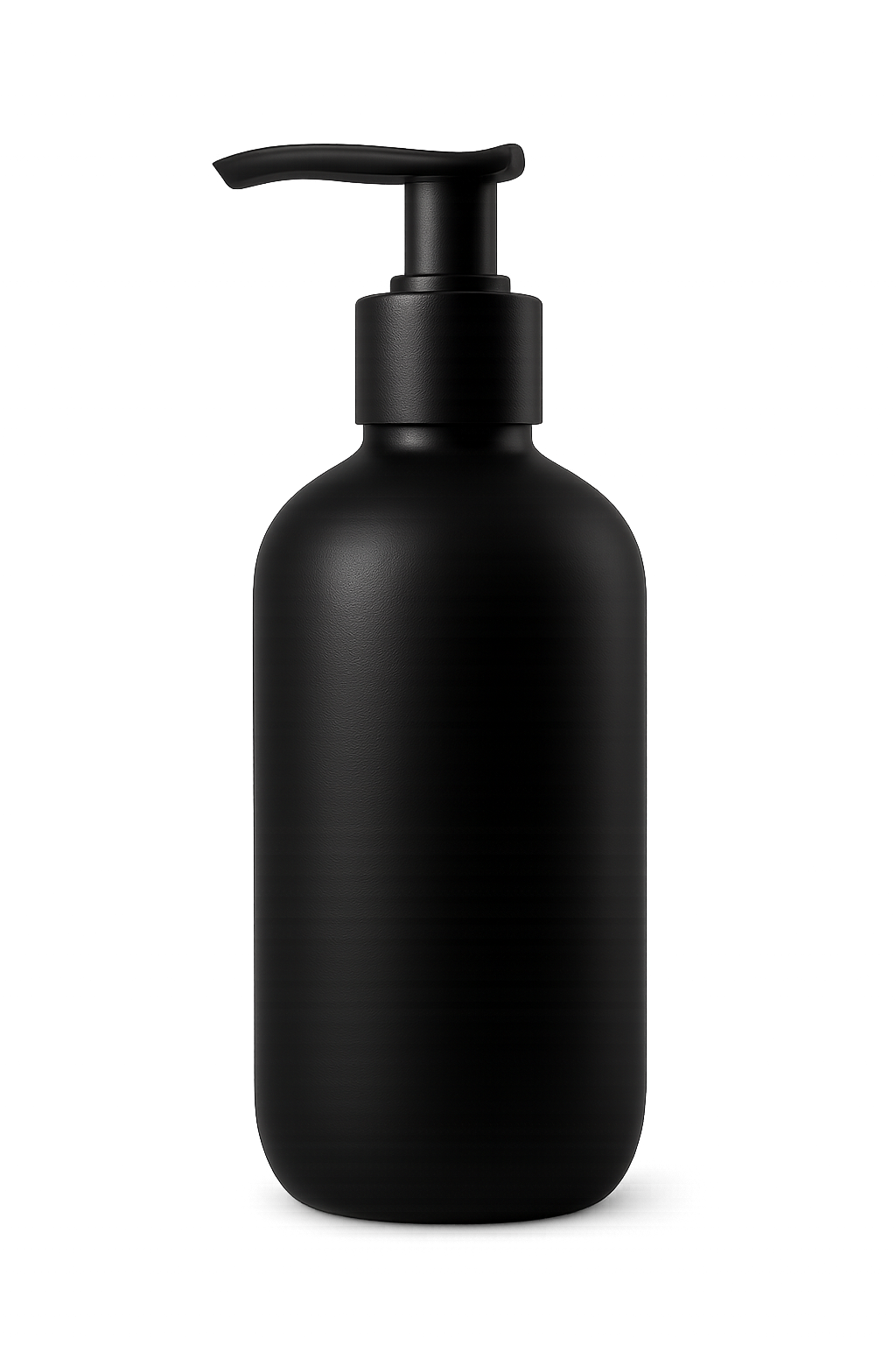 Matte black cosmetic pump bottle mockup on transparent background