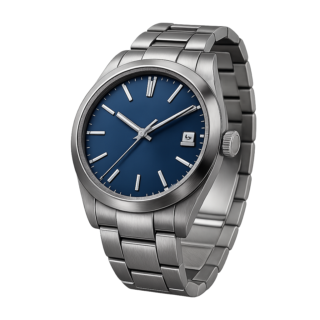 Jam tangan logam dengan dial biru mengkilap dan gelang logam di latar belakang transparan