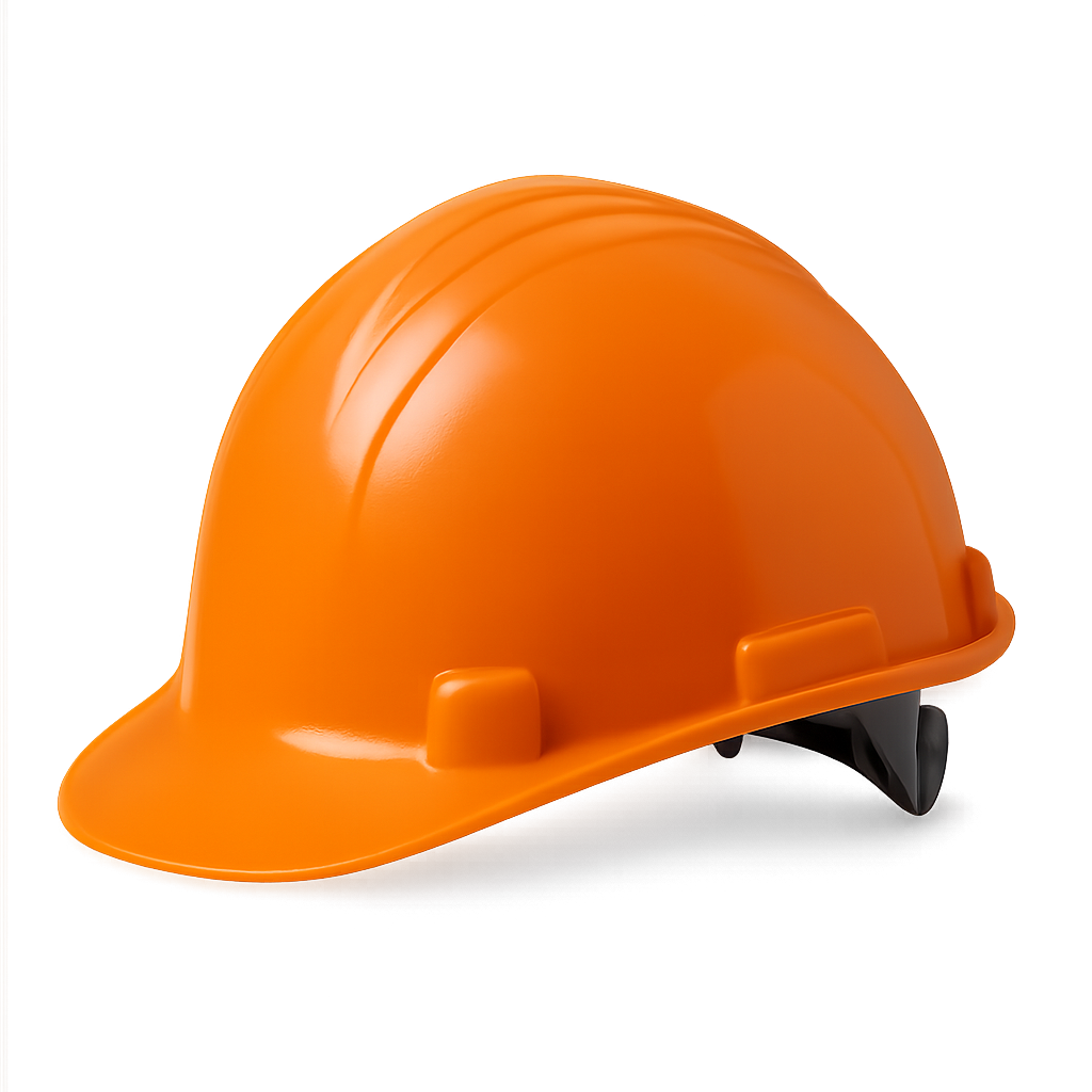 Side view of orange construction helmet isolated on transparent background