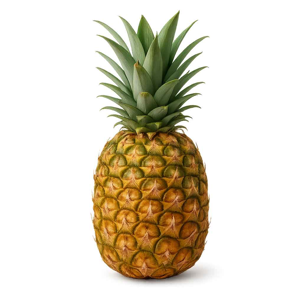 Whole ripe pineapple with green leaves on transparent background