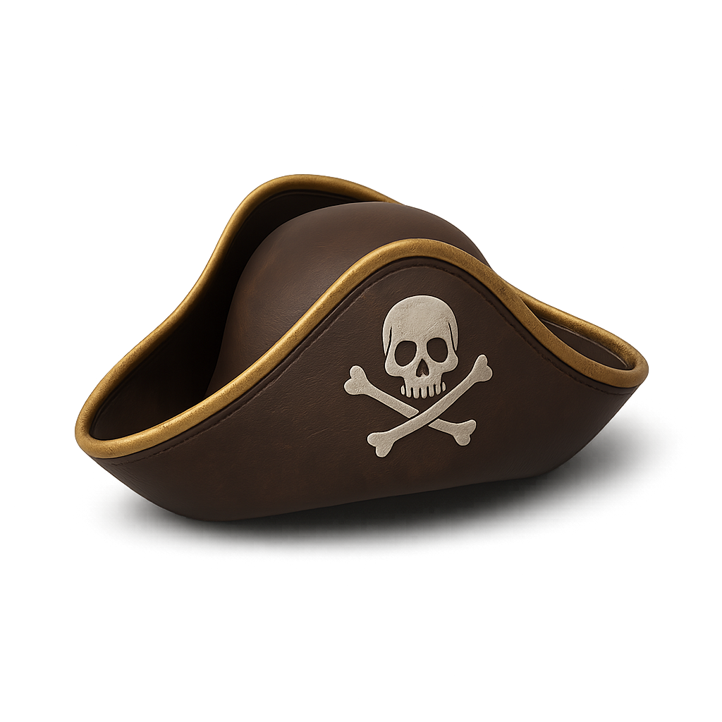 Topi bajak laut hitam dengan lambang tengkorak putih di latar belakang transparan