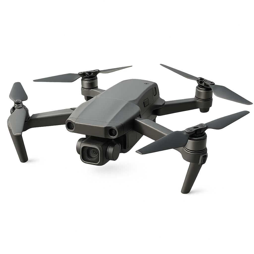 Black quadcopter drone with camera isolated on transparent background