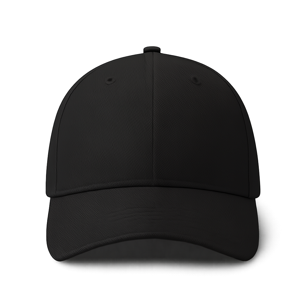Front view mockup of black baseball cap on transparent background