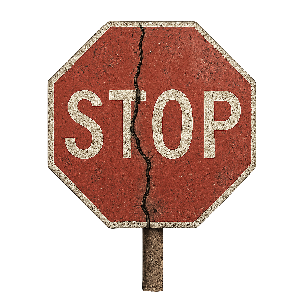 Broken and rusted stop sign with cracks and dents on transparent background