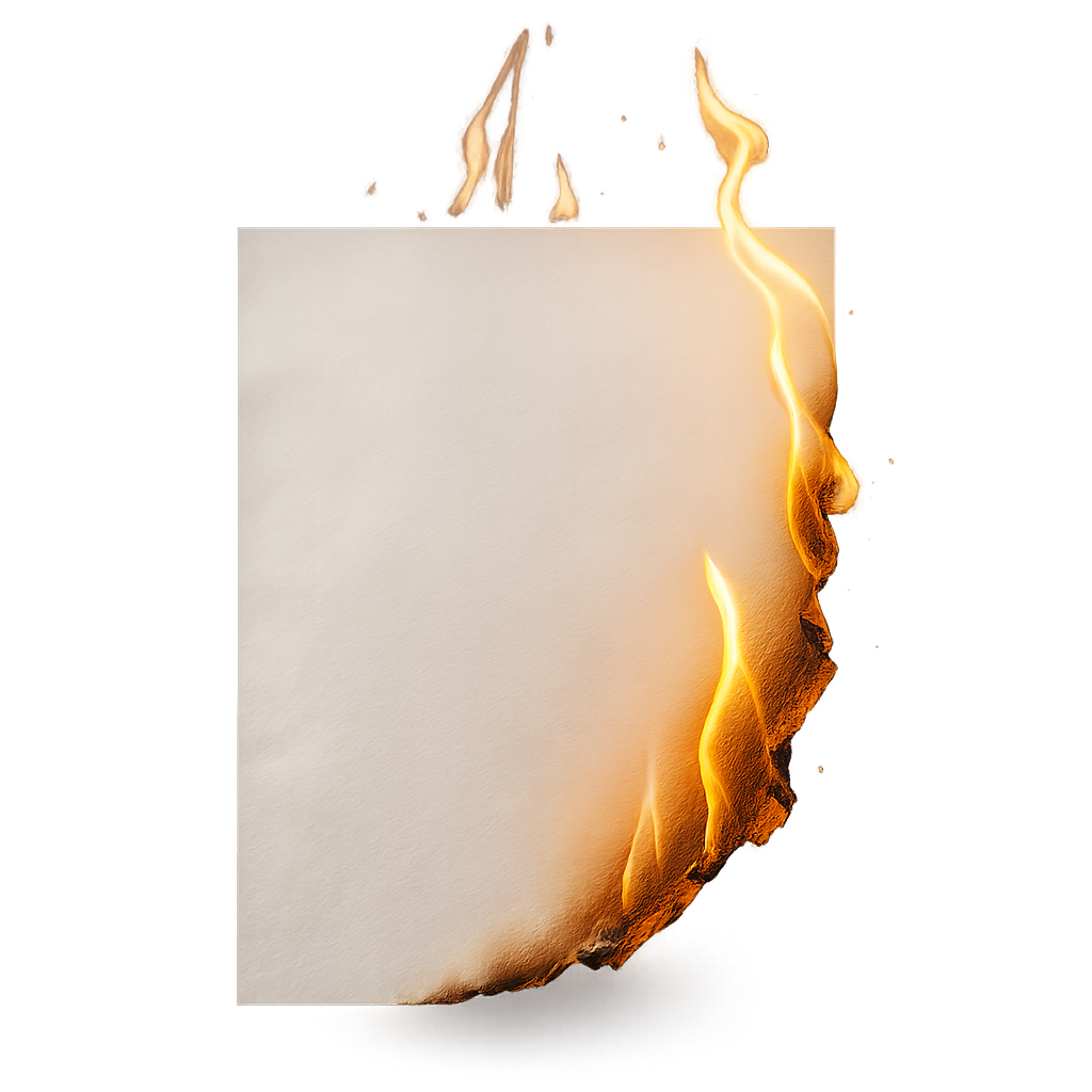 Realistic burning paper sheet isolated on transparent background