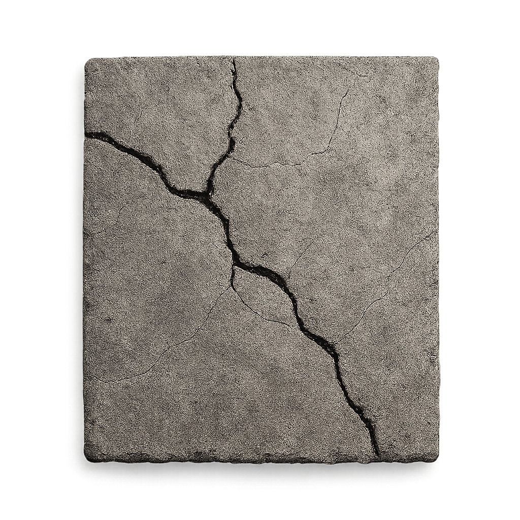 Cracked and broken concrete slab with sharp fractures on transparent background