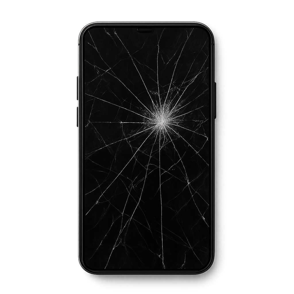 Pantalla de smartphone agrietada realista PNG — pantalla móvil rota sobre fondo transparente Pantalla de smartphone agrietada realista sobre fondo transparente