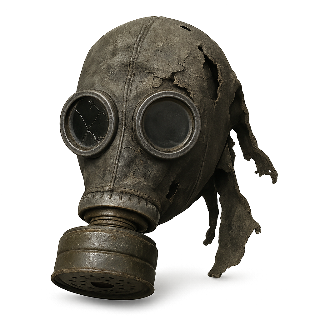 Worn and damaged gas mask with broken filters on transparent background