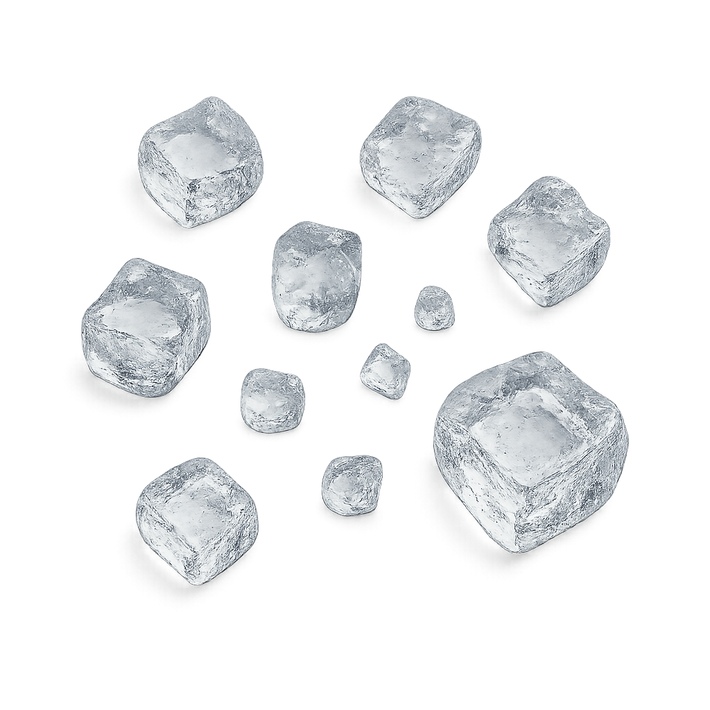 Scattered transparent ice cubes on a clear background