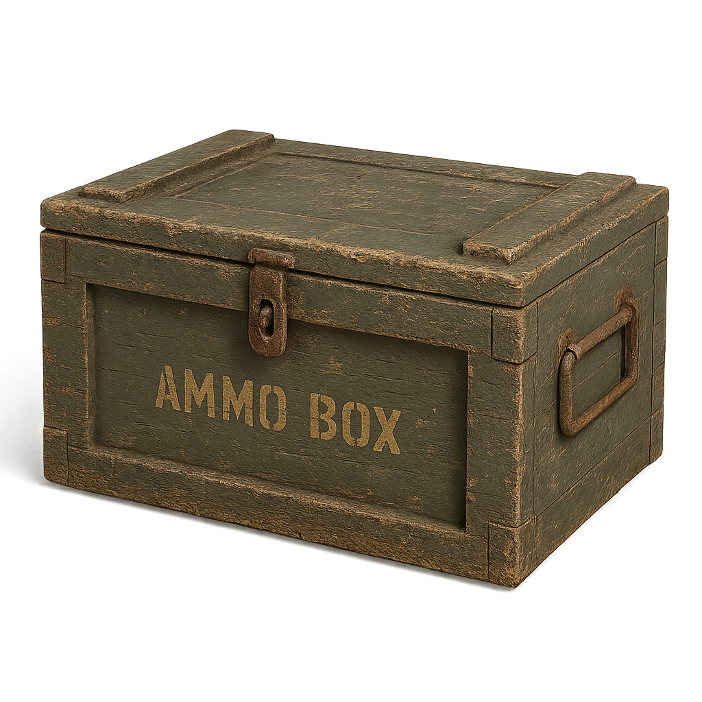 Caixa de munição militar antiga PNG — caixote vintage realista para guerra, sobrevivência e design pós-apocalíptico Caixa de munição militar antiga e desgastada com fecho metálico em fundo transparente
