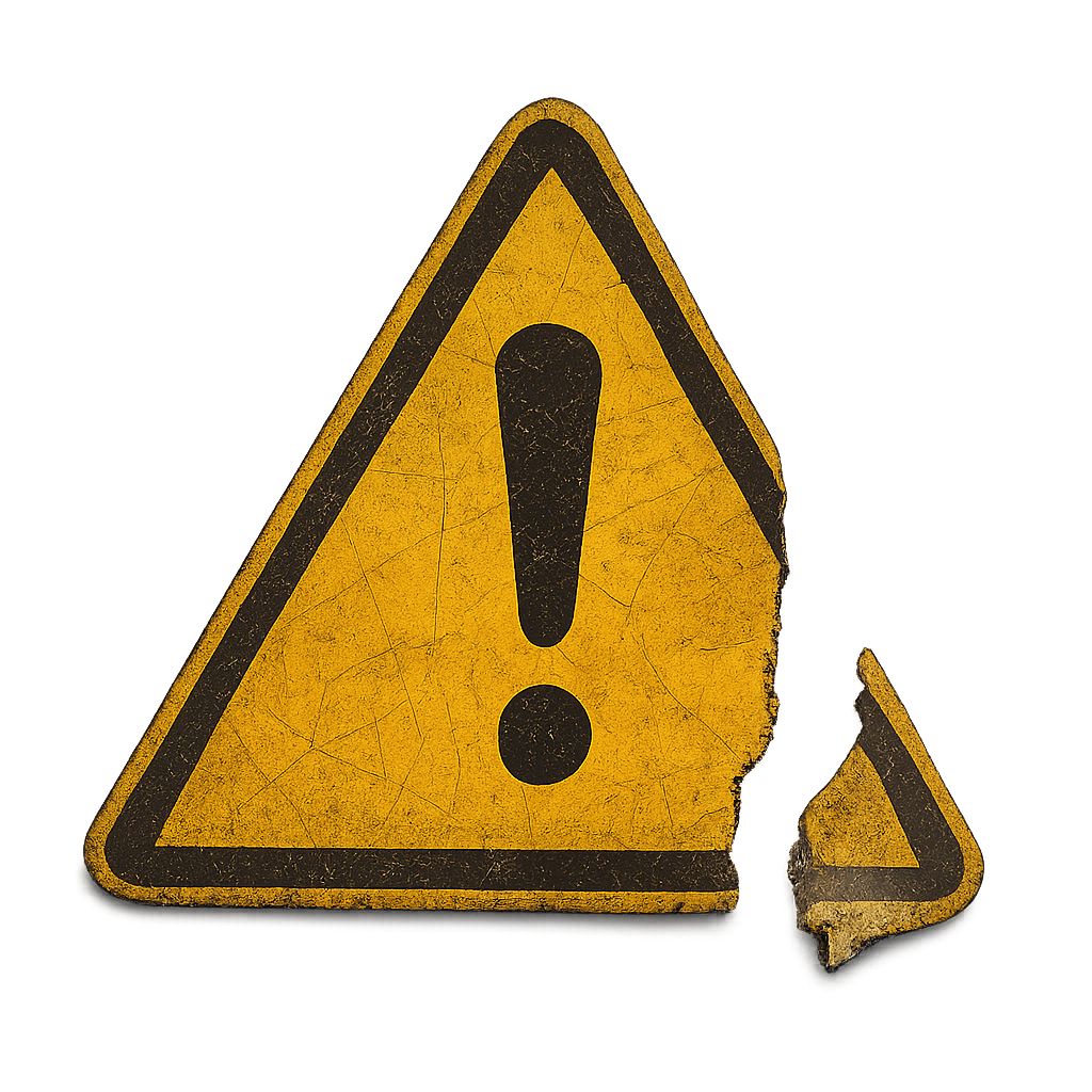 Placa de advertência rasgada PNG — aviso de segurança realista para temas pós-apocalípticos e de terror Placa de advertência rasgada e desgastada com bordas irregulares em fundo transparente