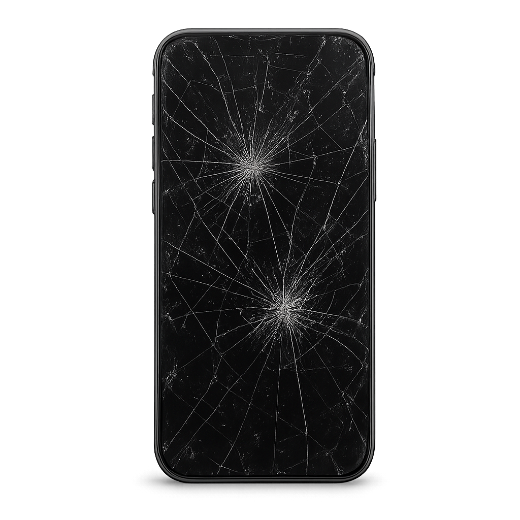 Smartphone screen with shattered glass and broken display on transparent background