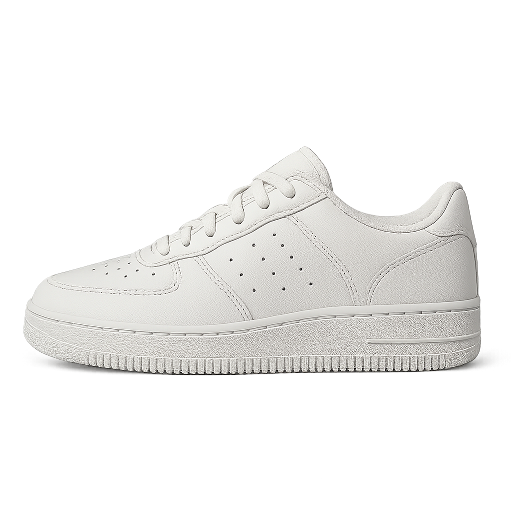 Tênis de couro branco com costura detalhada em fundo transparente