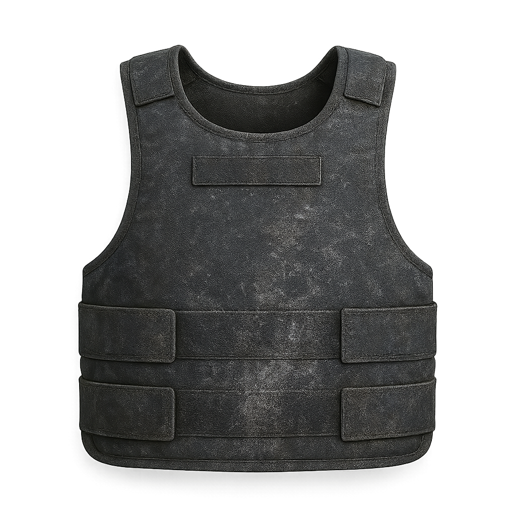 Realistic Worn Bulletproof Vest PNG – Tactical Body Armor for War Zones, Games, and Military Design Old scratched bulletproof vest isolated on transparent background