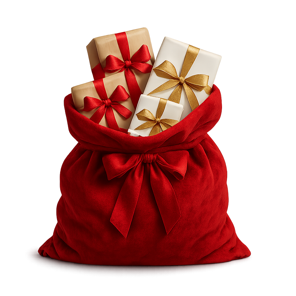 Tas merah Santa penuh dengan kado yang dibungkus